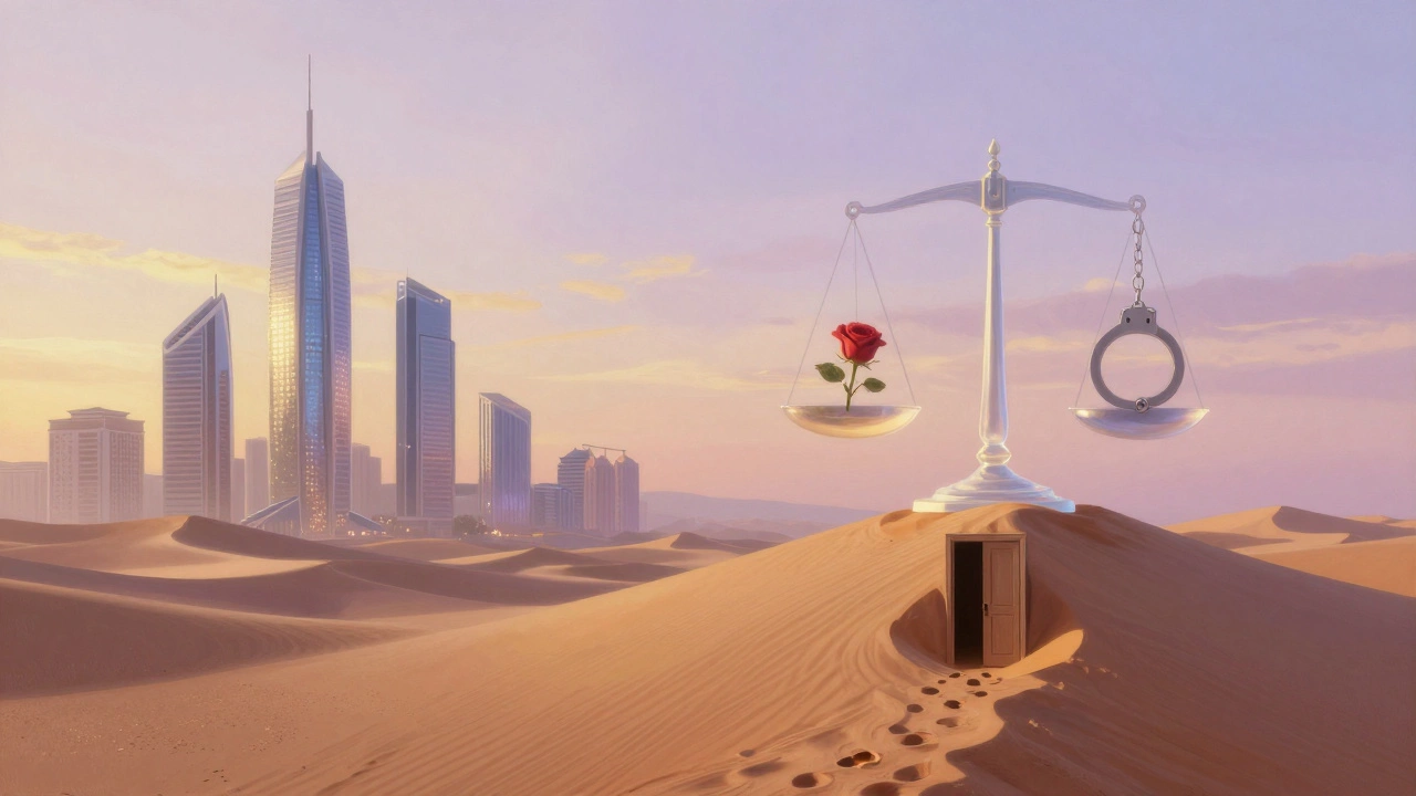 A surreal desert sunrise where skyscrapers melt into dunes, a footprint leads to a hidden door beneath a symbolic scale.